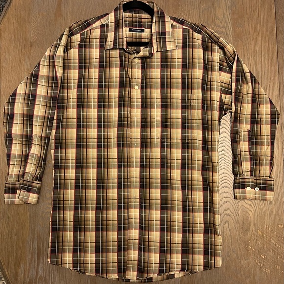 Burberry Cream and Brown Dress Shirt with Classic Plaid Pattern
